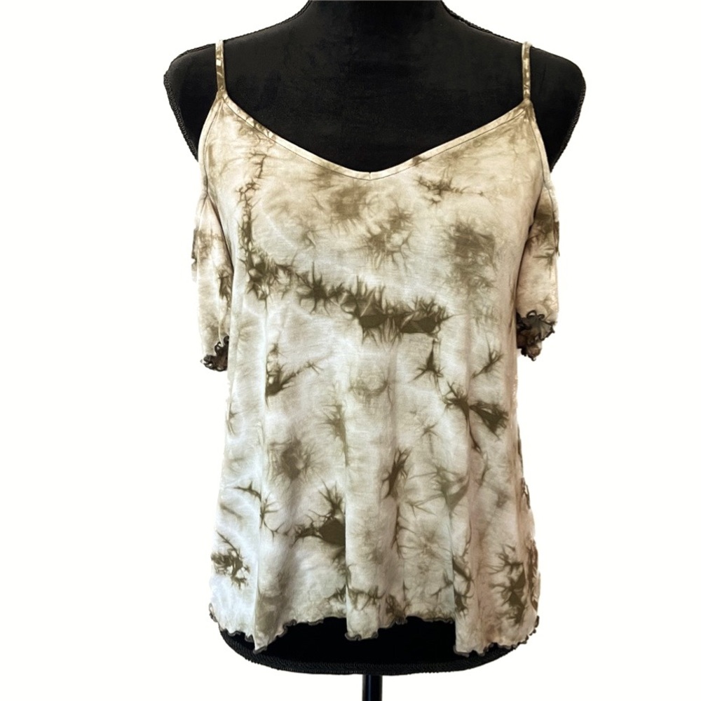 AEO Size Small Olive Green Tie Dye Ruffle Soft & Sexy Cold Shoulder Top